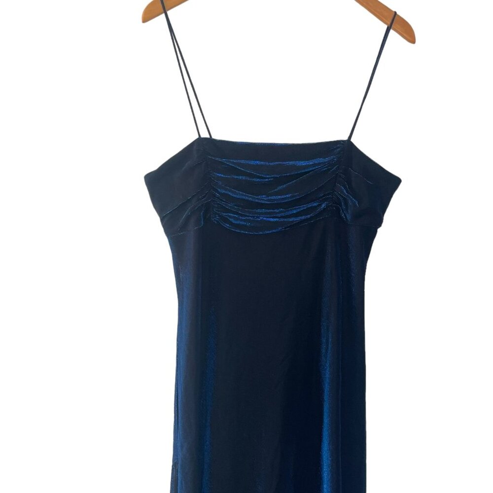 Vintage Y2K Be Smart Maxi Dress Gown Large L Blue Black Metallic Mesh Fairy Core